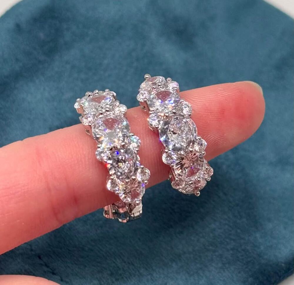 Sparkly Oval Cut CZ Statement Hoop/Huggie Earrings